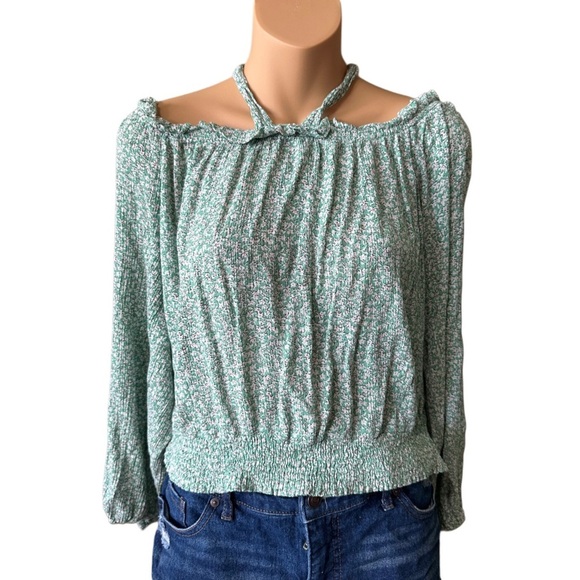 Daytrip Tops - Daytrip Mint Floral Long Sleeve Blouse with Ruffles Ruching and Tie Top Collar